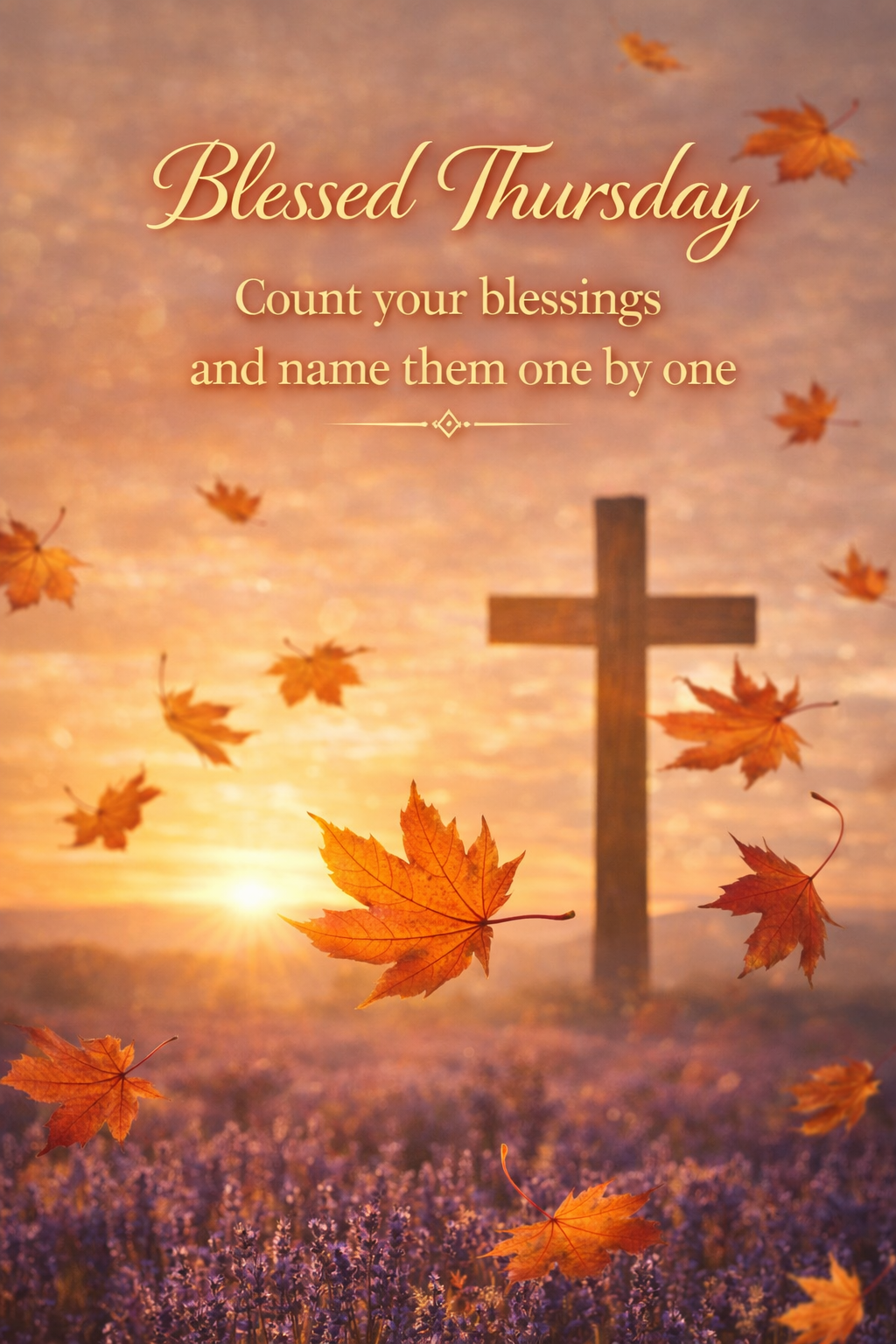 Autumn maple leaves falling with a cross among them against golden sky, "Blessed Thursday — Count your blessings and name them one by one" in gold — WhatsApp
